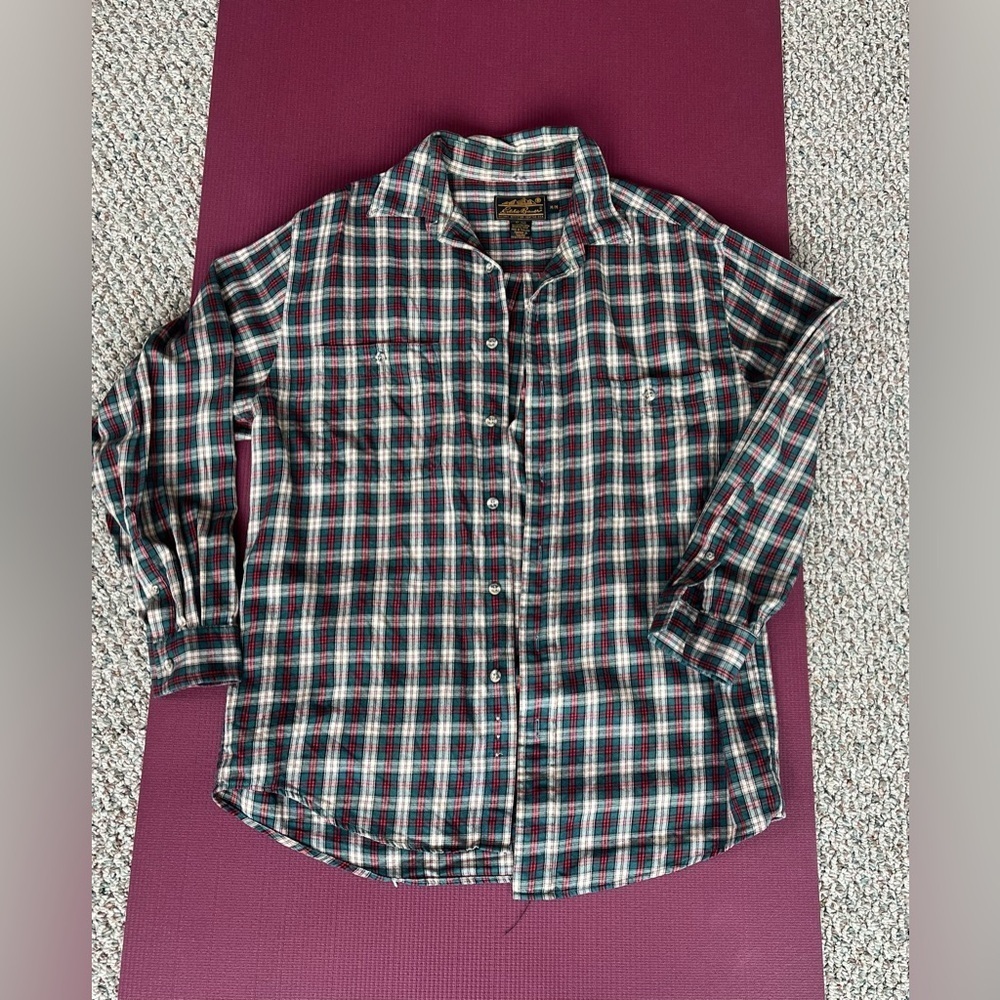 Eddie Bauer Flannel Shirt Cotton Wool Blend Size Medium Green Red Cotton Wool
